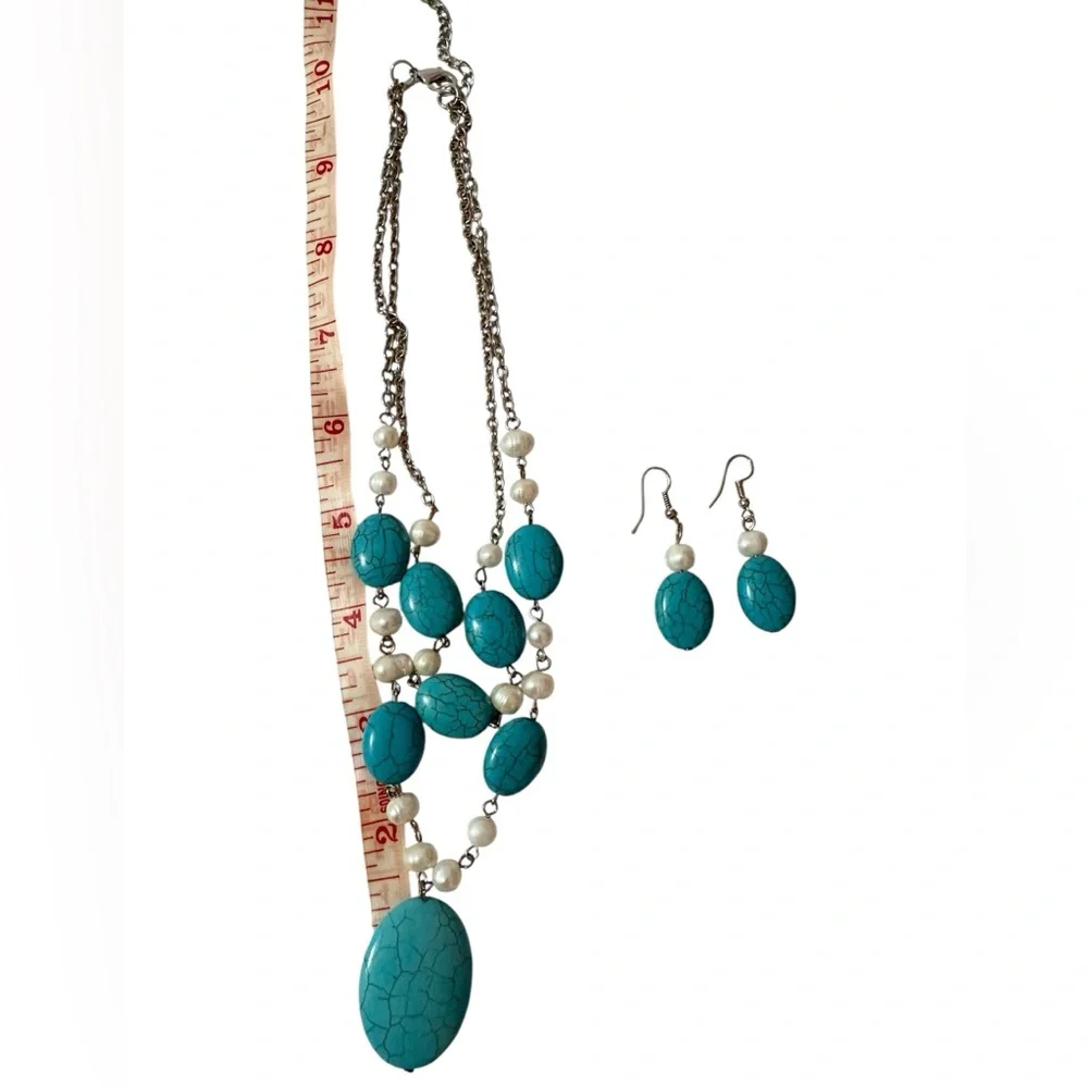 Turquoise Stone & Pearl Statement Necklace Set w/ Matching Earrings